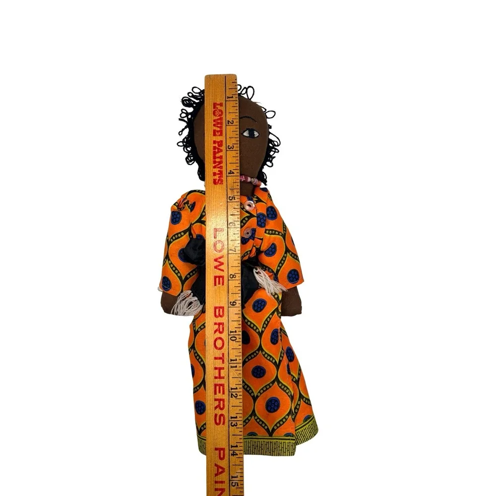 VTG Handmade African Folk Art Cloth Doll Orange Geometric Dress‎ Beaded Necklace